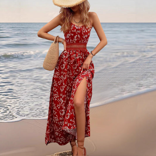Floral Split V-Neck Spaghetti Strap Maxi Dress for Summer