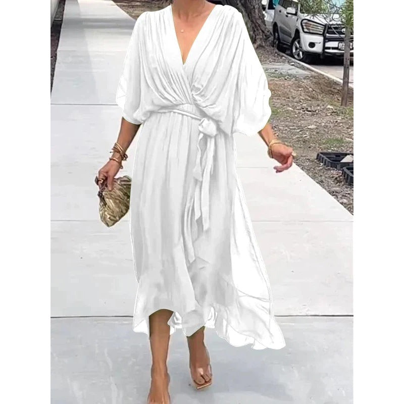 Women's V-Neck Batwing Chiffon Midi Dress Tie Waist Flowy