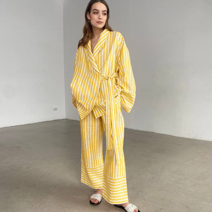 Striped Belted Top and Wide Leg Pants Matching Set