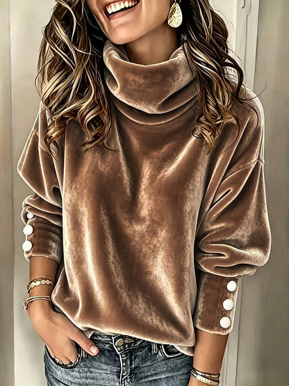 Cowl Neck Fleece Pullover Button Cuff Batwing Sleeve