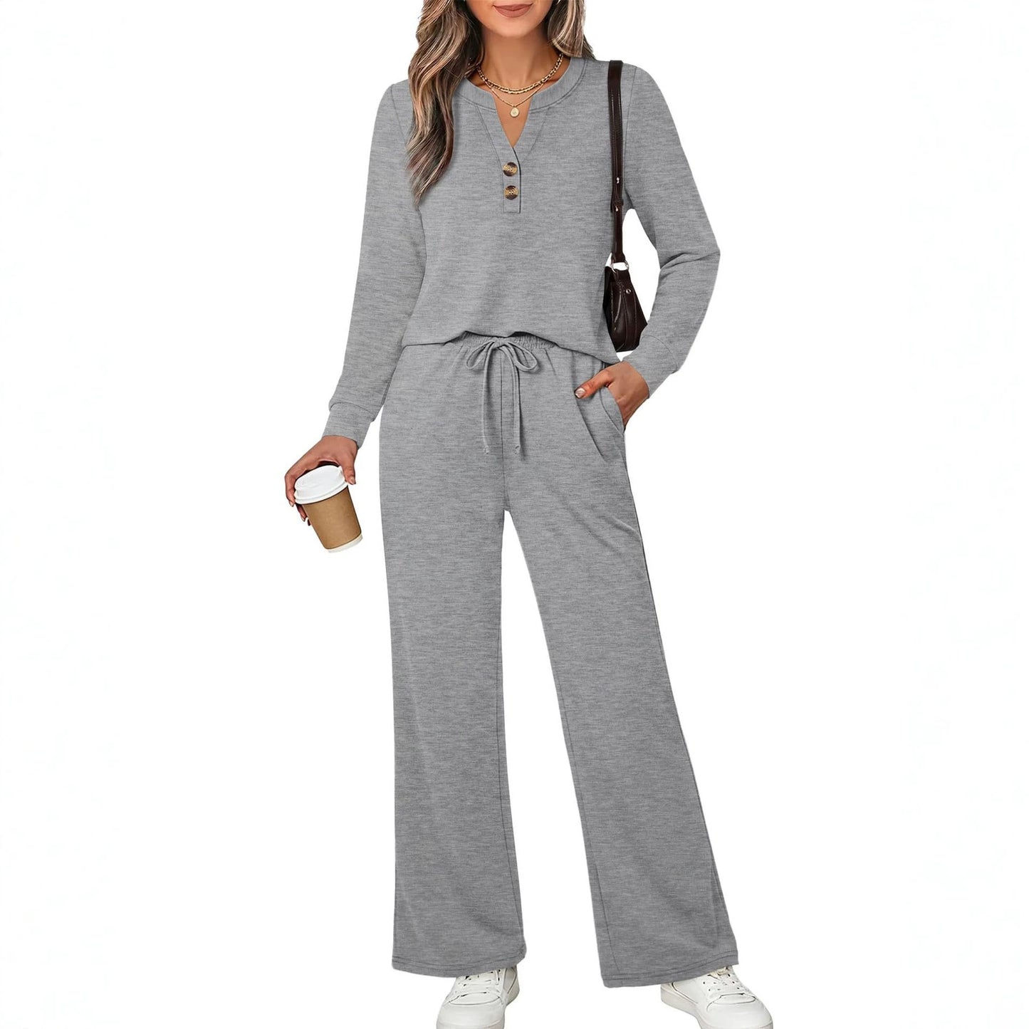 Women's 2 Piece Lounge Set Henley Top Wide Leg Pants