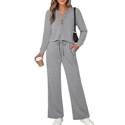 Women's 2 Piece Lounge Set Henley Top Wide Leg Pants