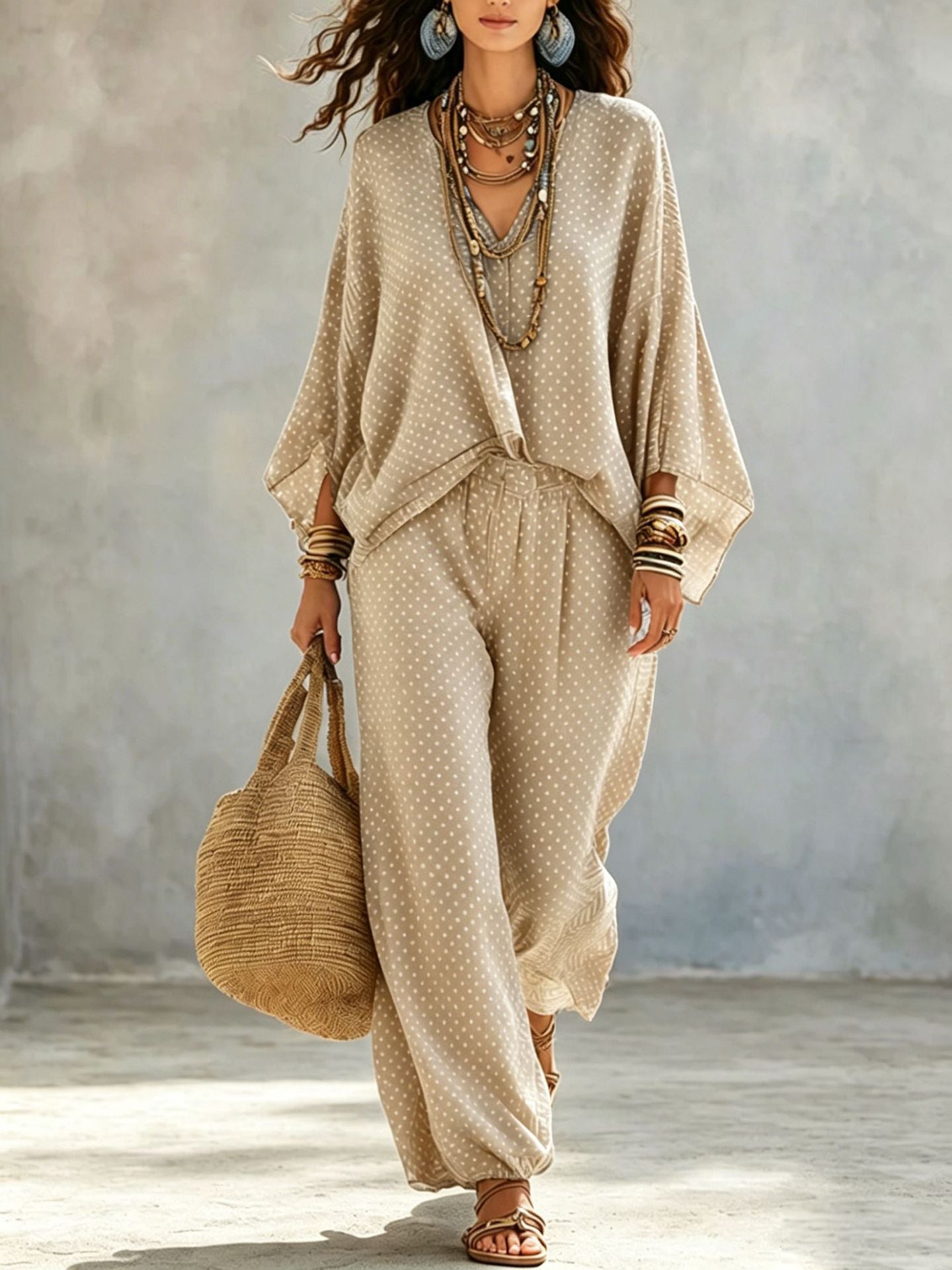 Boho Polka Dot Batwing Top and Jogger Pants Lounge Set