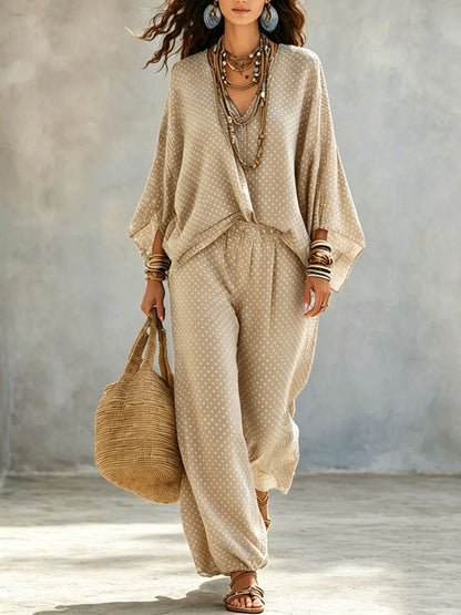 Boho Polka Dot Batwing Top and Jogger Pants Lounge Set