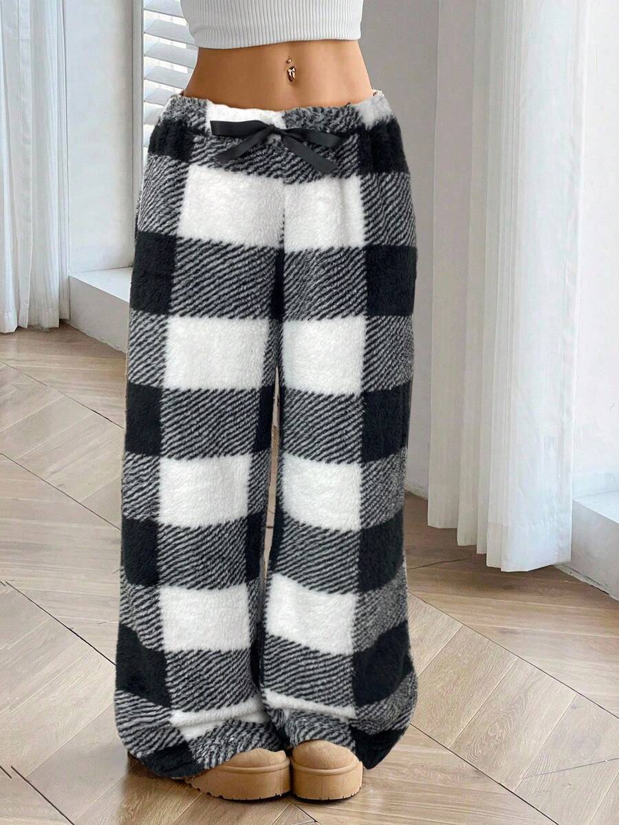 Women's Fuzzy Plaid Wide Leg Pants Drawstring Elastic Waist