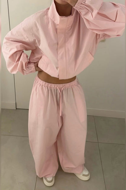 Women's Cropped Zip Jacket Wide Leg Pants Matching Set
