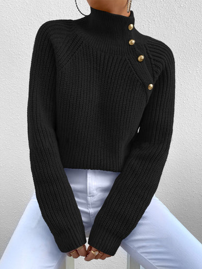 Women's Mock Neck Button Ribbed Pullover Sweater