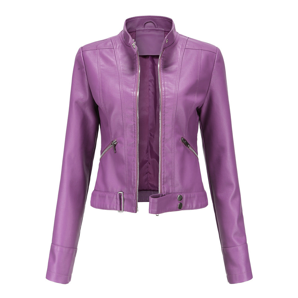 Women's Cropped Faux Leather Moto Jacket Stand Collar