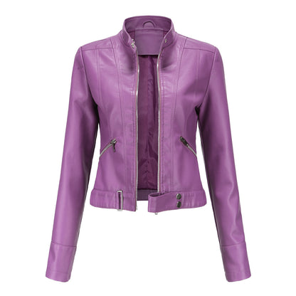Women's Cropped Faux Leather Moto Jacket Stand Collar