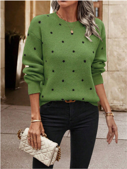 Women's Polka Dot Crew Neck Long Sleeve Sweater
