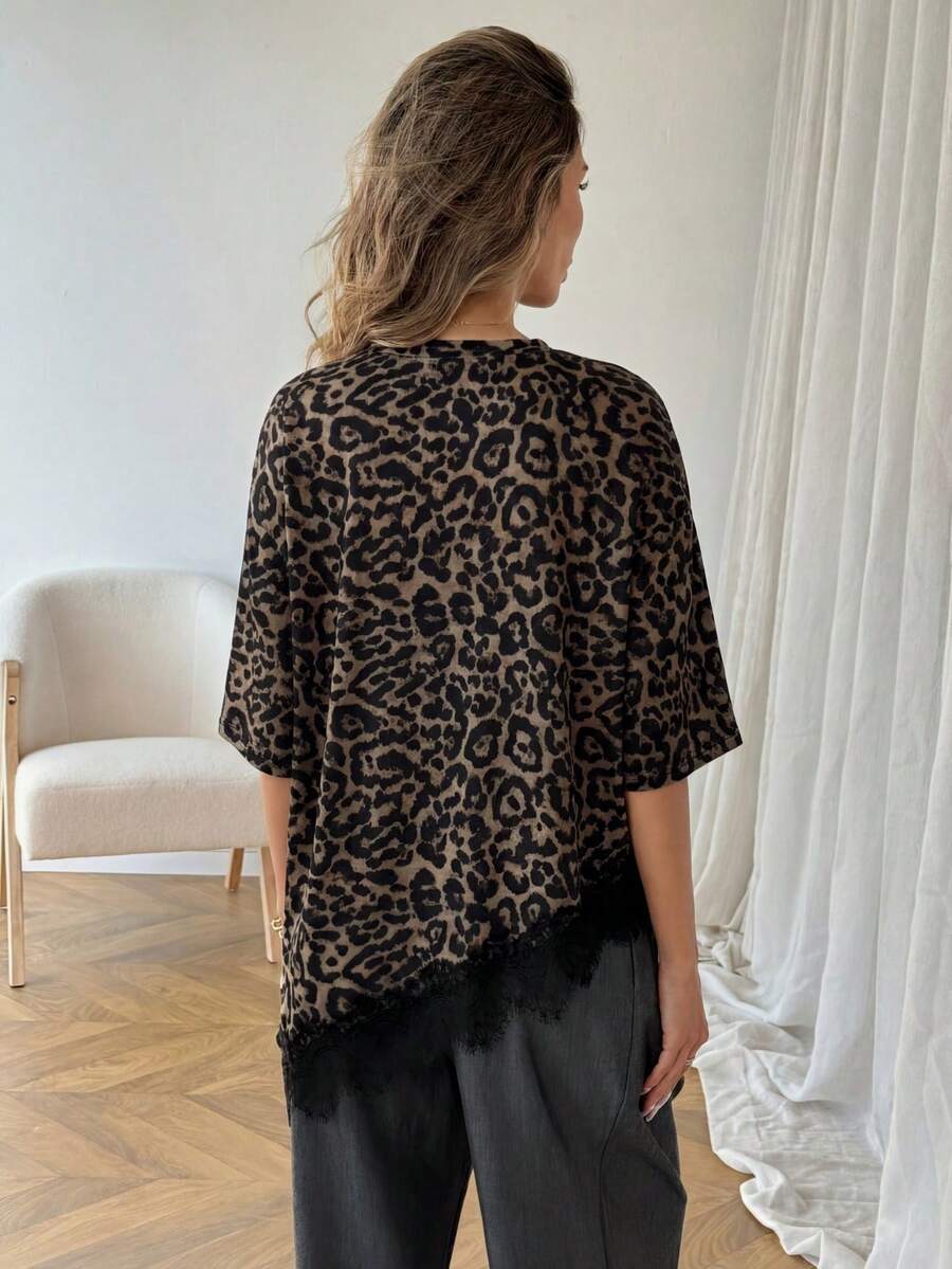 Lace Trim T Shirt Loose Fit Short Sleeve Top