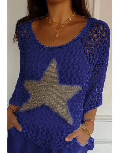Women's Star Crochet Sweater 3/4 Sleeve Lightweight Top