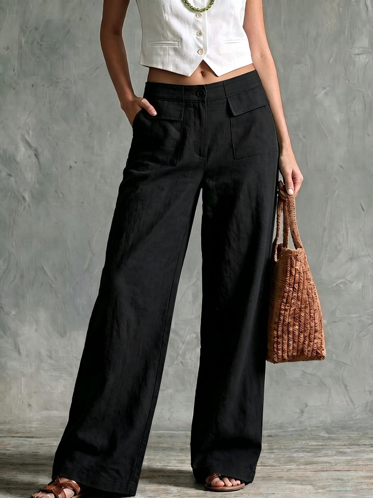 Women Cotton Linen High Waisted Wide Leg Casual Pants
