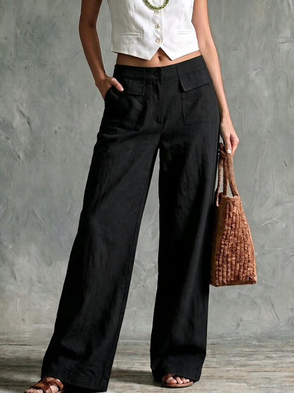 Women Cotton Linen High Waisted Wide Leg Casual Pants