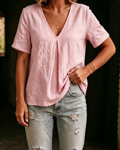 Women's Cotton Linen V-Neck Short Sleeve Casual Summer Top