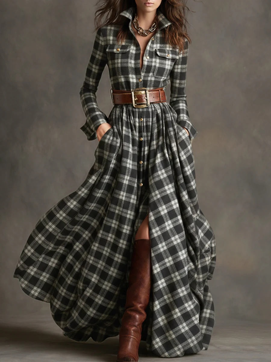 Plus Size Plaid Maxi Shirt Dress Belted Long Sleeve