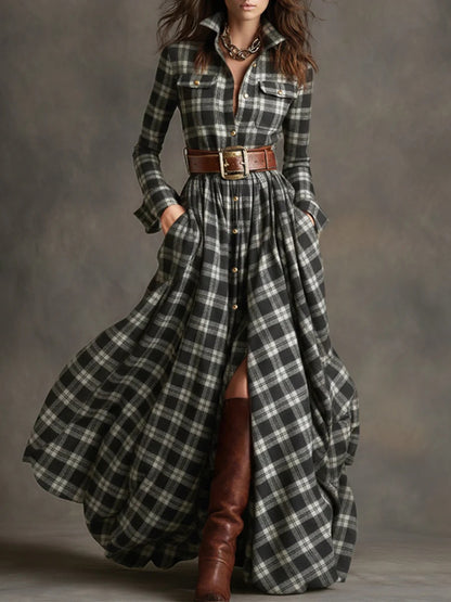 Plus Size Plaid Maxi Shirt Dress Belted Long Sleeve