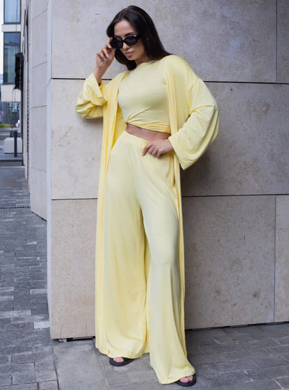 Women's 3 Piece Lounge Set Crop Top Wide Leg Pants Duster