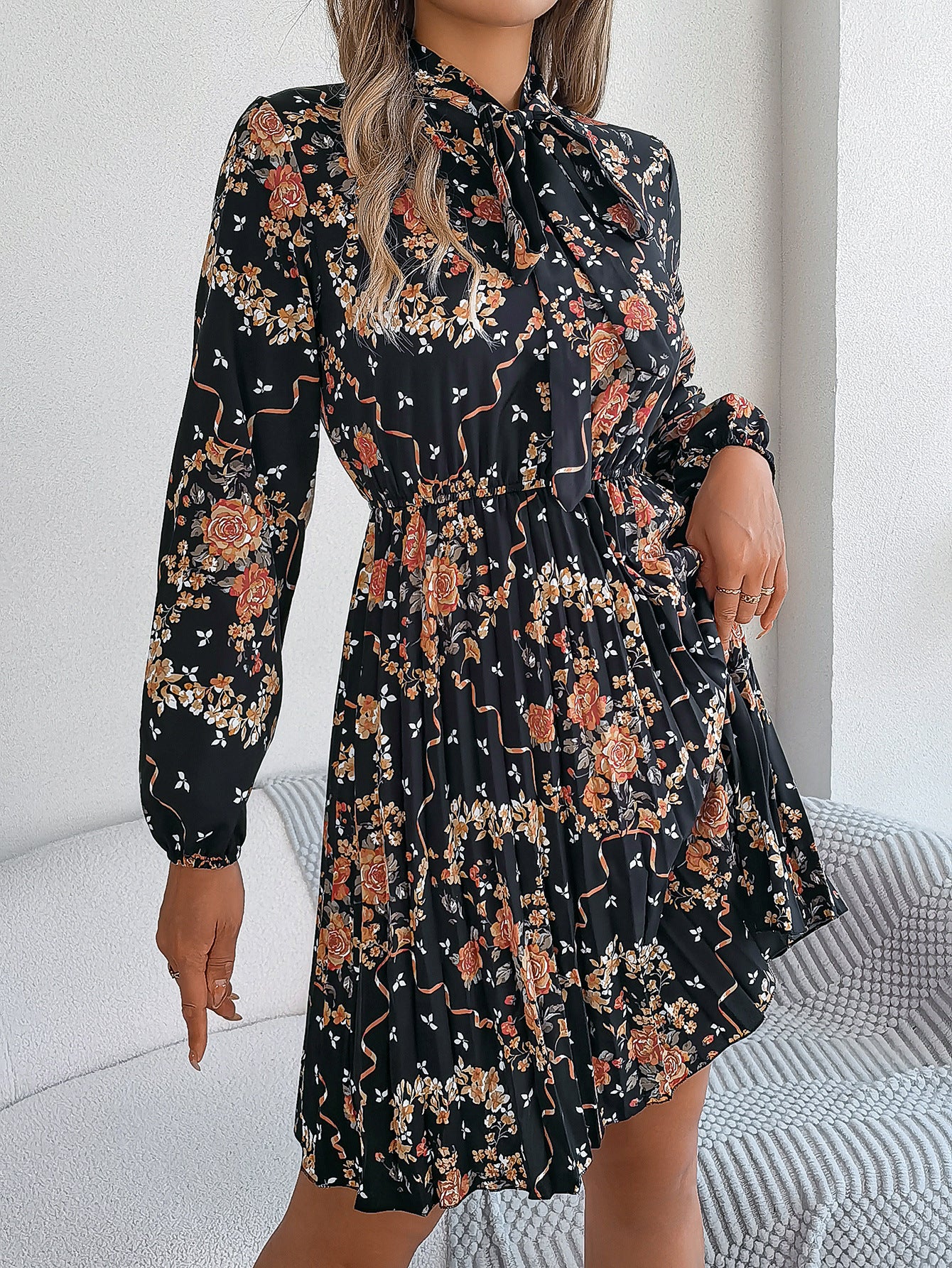 Floral Tie Neck Long Sleeve Pleated Midi Dress