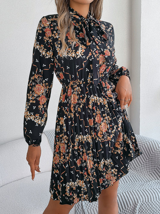 Floral Tie Neck Long Sleeve Pleated Midi Dress