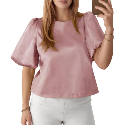Satin Puff Sleeve Blouse Elegant Dressy Casual Top