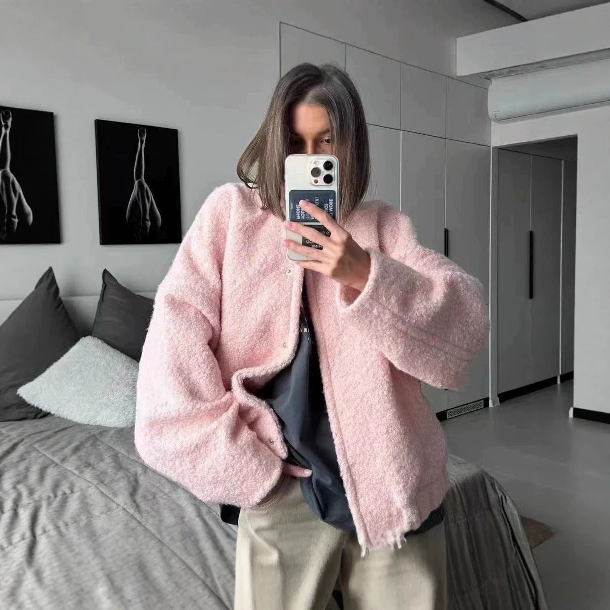 Women's Pink Cropped Sherpa Fleece Jacket Winter Coat