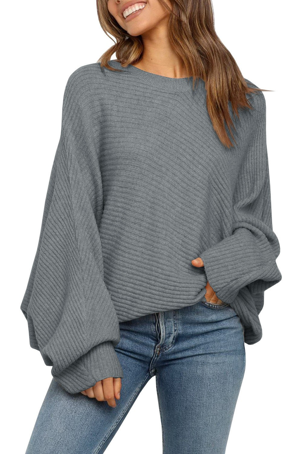 Women's Oversized Batwing Sleeve Crew Neck Knit Sweater