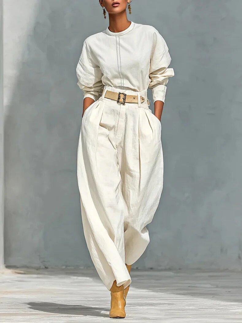 Women's Two Piece Belted Top & Wide Leg Pants Set