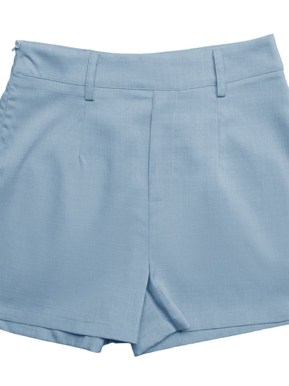 Blue Linen Look V Neck Vest & Shorts Set Summer Workwear