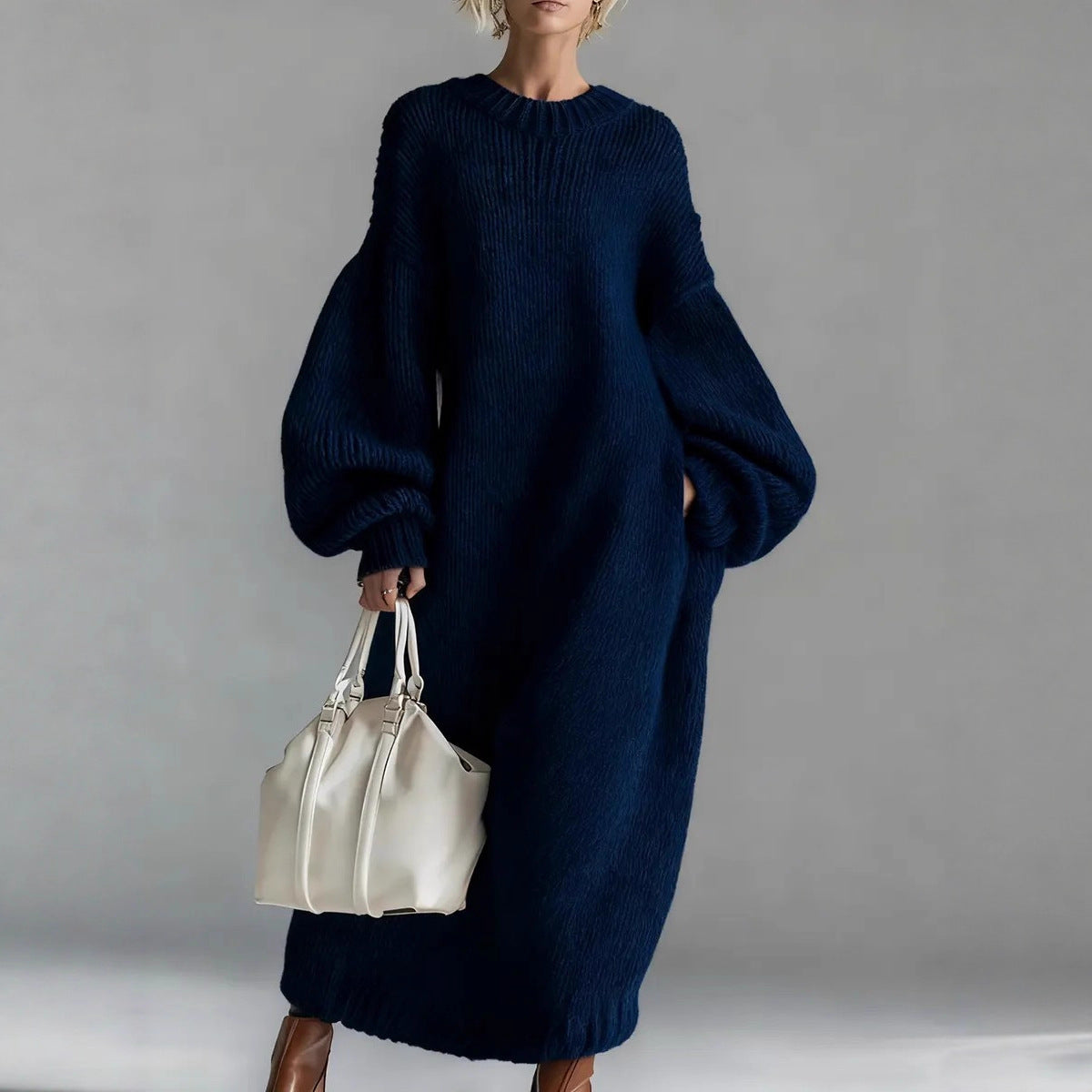 Crew Neck Balloon Sleeve Chunky Knit Maxi Sweater Dress