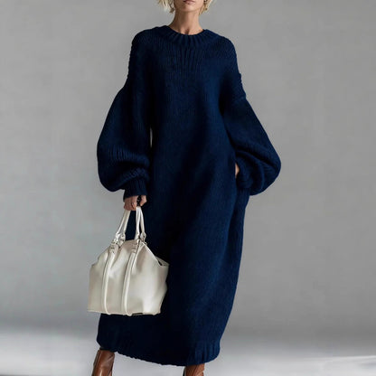 Crew Neck Balloon Sleeve Chunky Knit Maxi Sweater Dress
