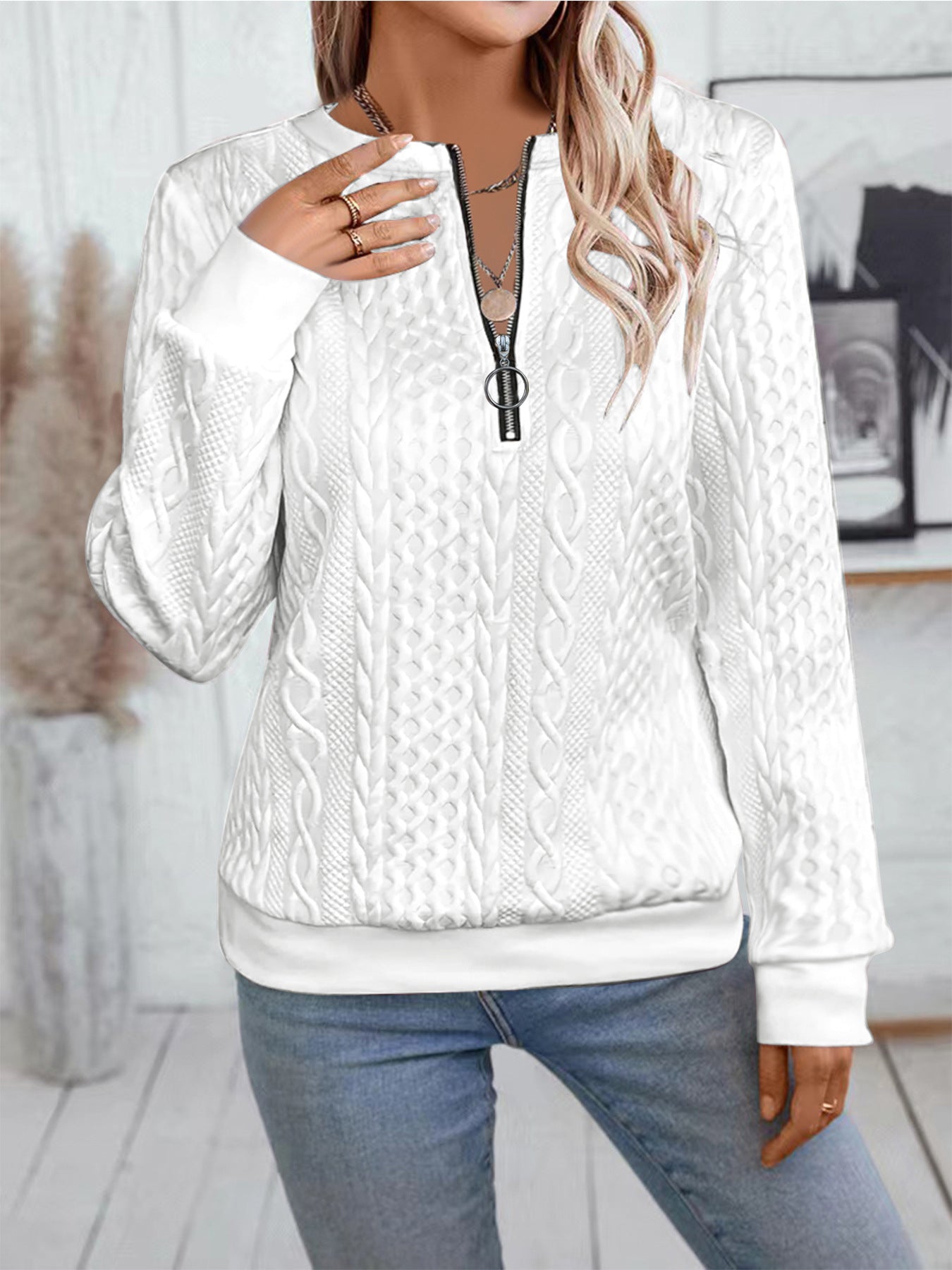 Women's Cable Knit Half Zip Pullover Sweatshirt Long Sleeve