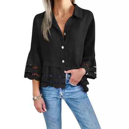 Women's Eyelet Lace Bell Sleeve Button Down Blouse