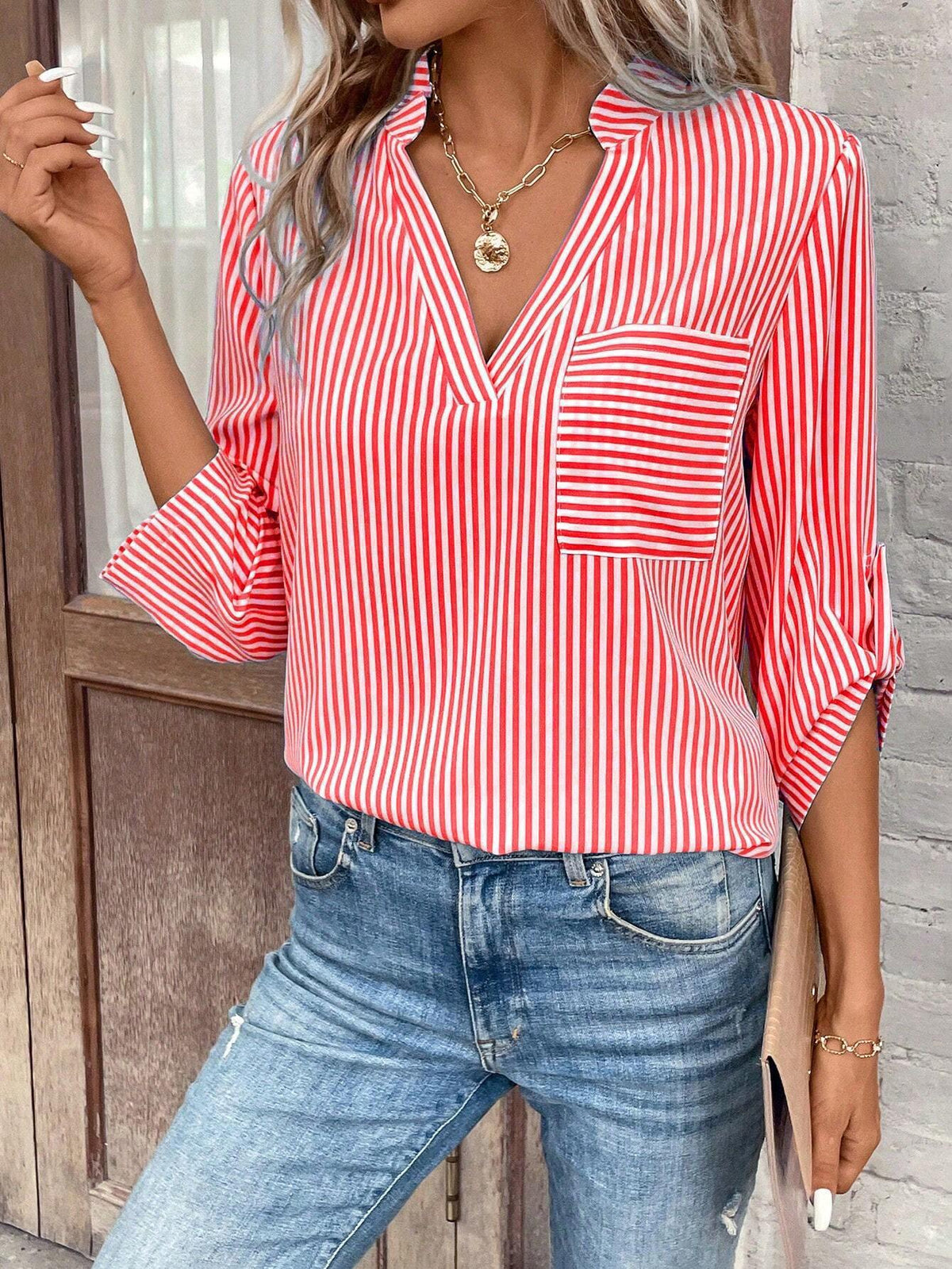 Women's Striped V-Neck Long Sleeve Casual Loose Blouse