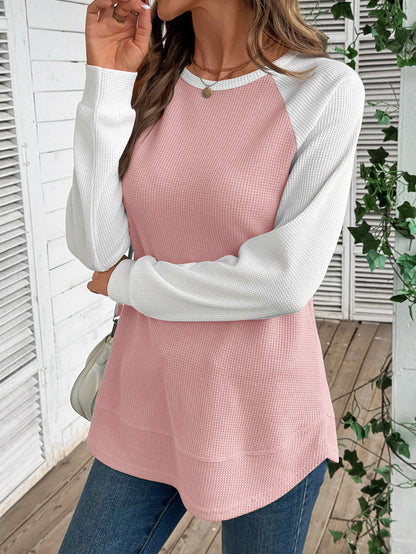 Colorblock Waffle Knit Long Sleeve Top Women Casual Tee