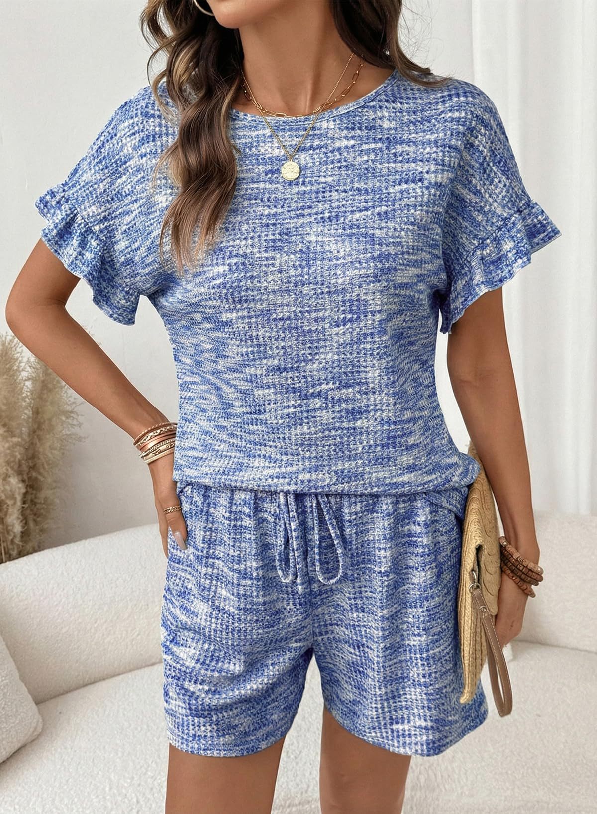 Textured Knit Lounge Set Ruffle Sleeve Drawstring