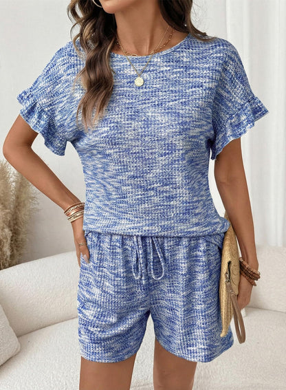 Textured Knit Lounge Set Ruffle Sleeve Drawstring