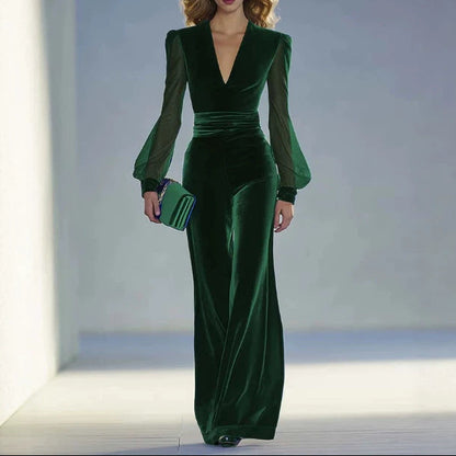 Velvet V-Neck Wide Leg Jumpsuit Sheer Long Sleeves