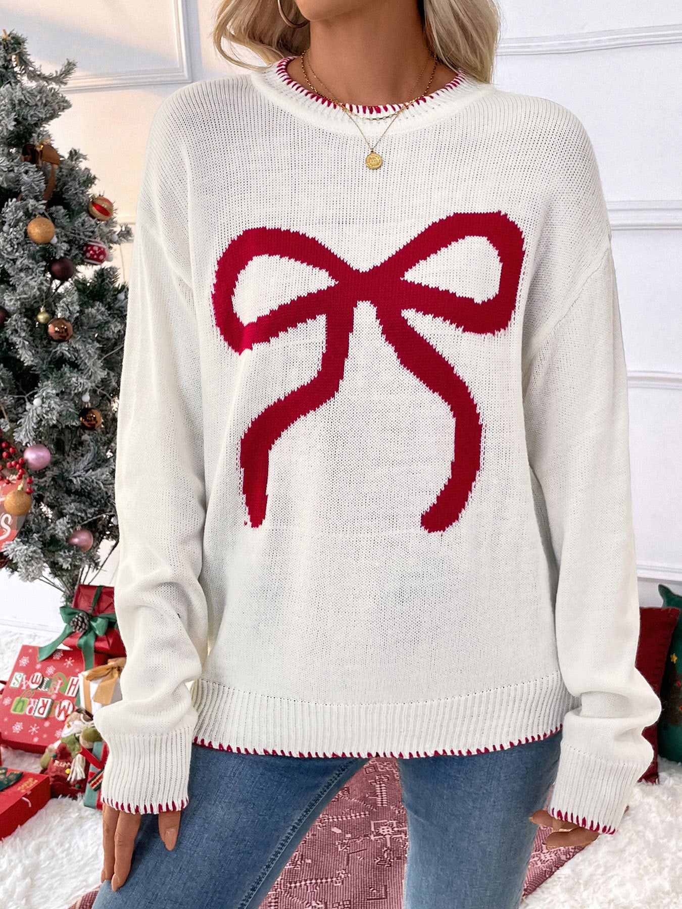 Christmas Bow Knit Sweater Oversized Holiday Pullover