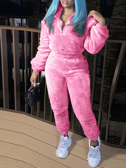Womens Sherpa Fleece Half Zip 2 Piece Jogger Set