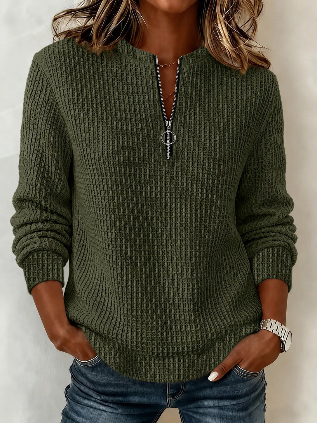 Women's Waffle Knit Half Zip Pullover Sweatshirt Top