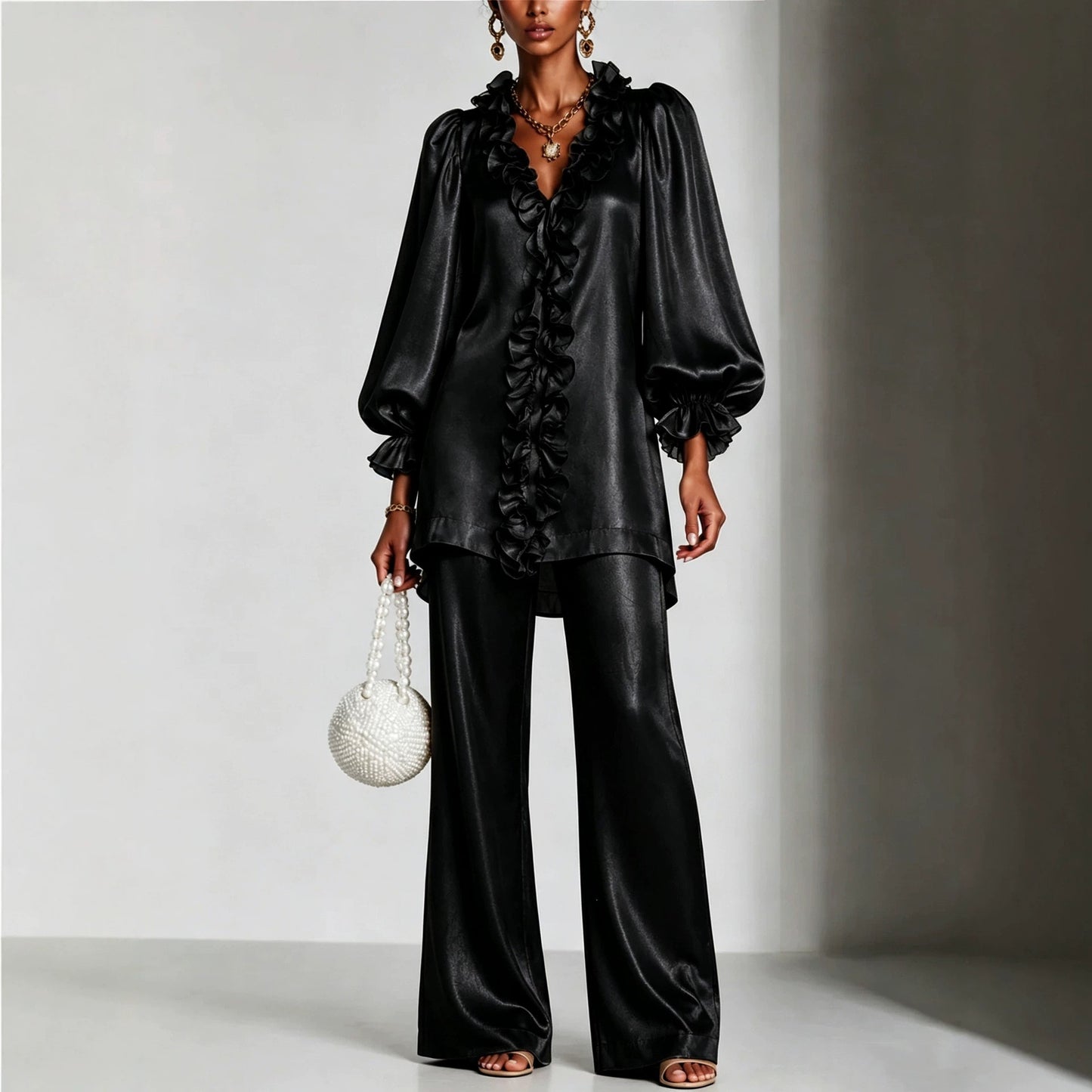 Women's Ruffle V-Neck Puff Sleeve Wide Leg Pants Set