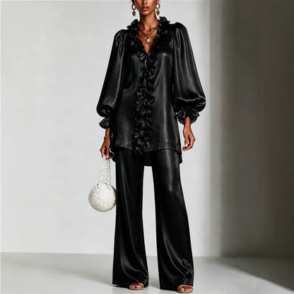 Women's Ruffle V-Neck Puff Sleeve Wide Leg Pants Set
