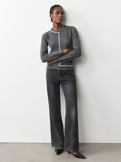 Women's Contrast Trim Crew Neck Knit Sweater