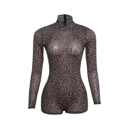 Sexy Leopard Print Mock Neck Long Sleeve Bodycon Romper