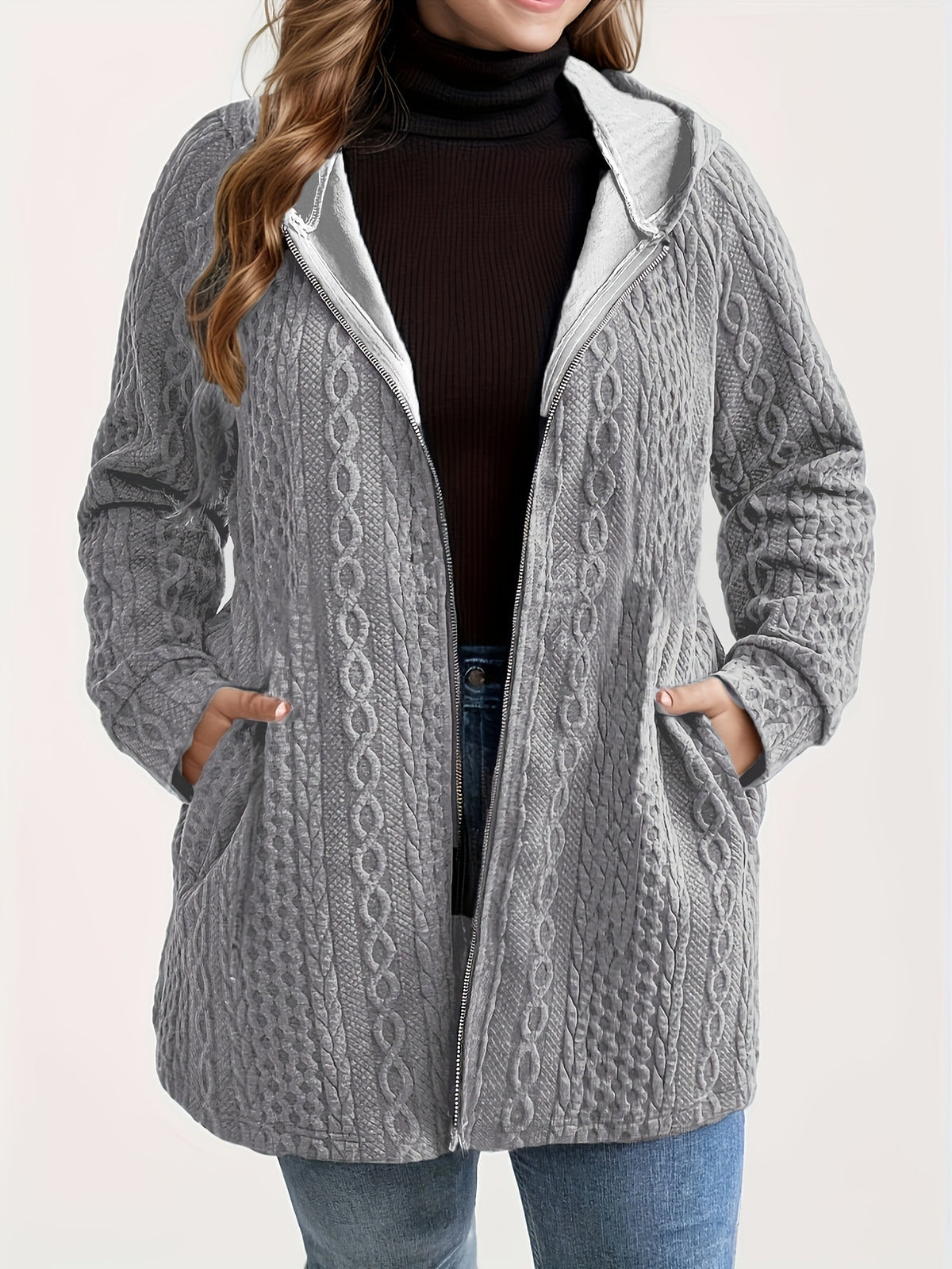 Plus Size Hooded Cable Knit Zip Jacket Pockets
