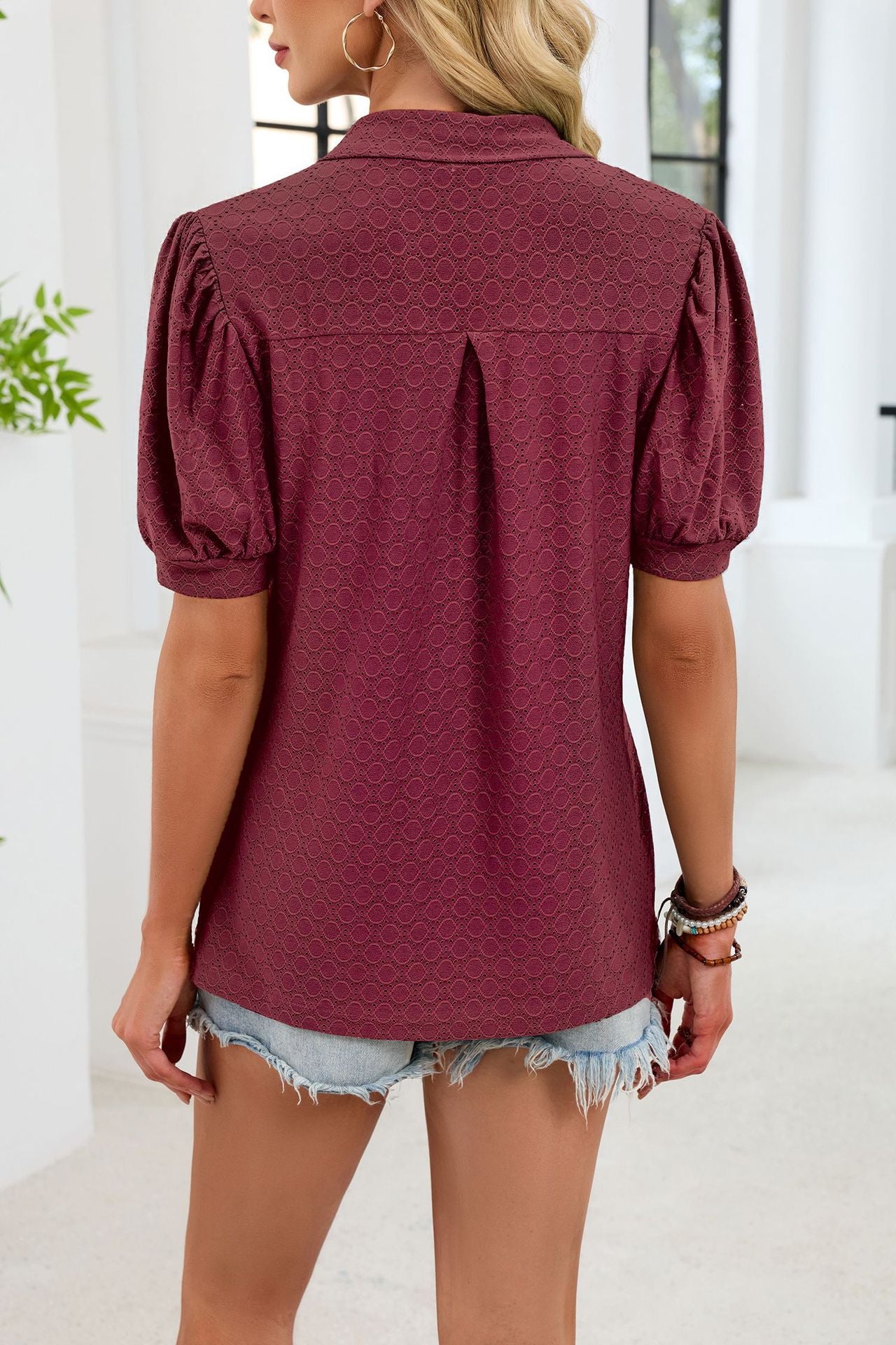 Eyelet V Neck Puff Sleeve Polo Blouse Casual Top