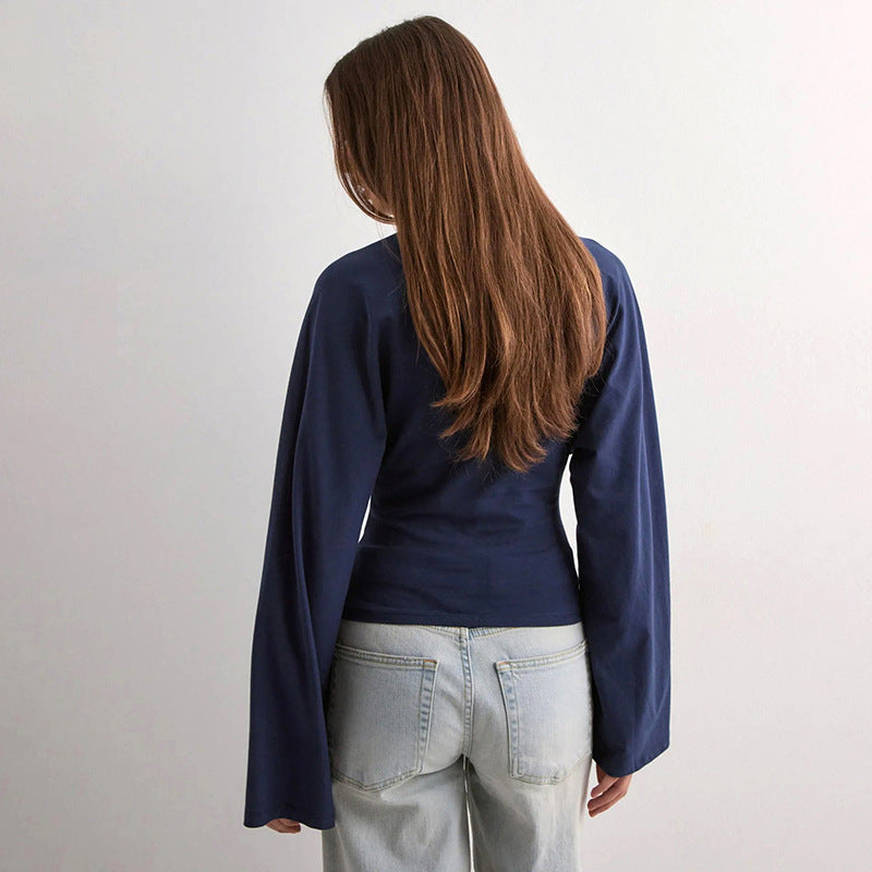 Women's Solid Batwing Long Sleeve Cinched Waist Crop Top