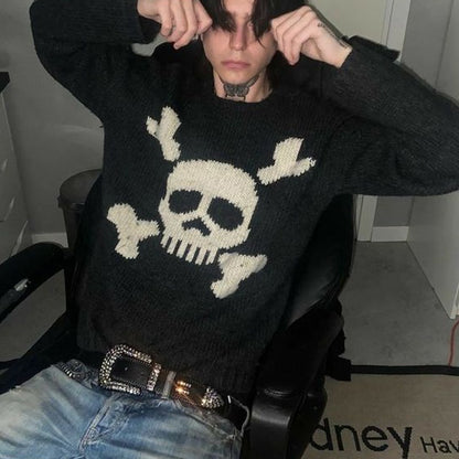 Oversized Skull Sweater Black Gothic Streetwear Knit
