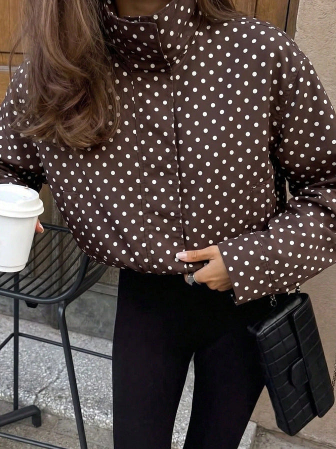 Polka Dot Zip Jacket Stand Collar Pocket Loose Coat